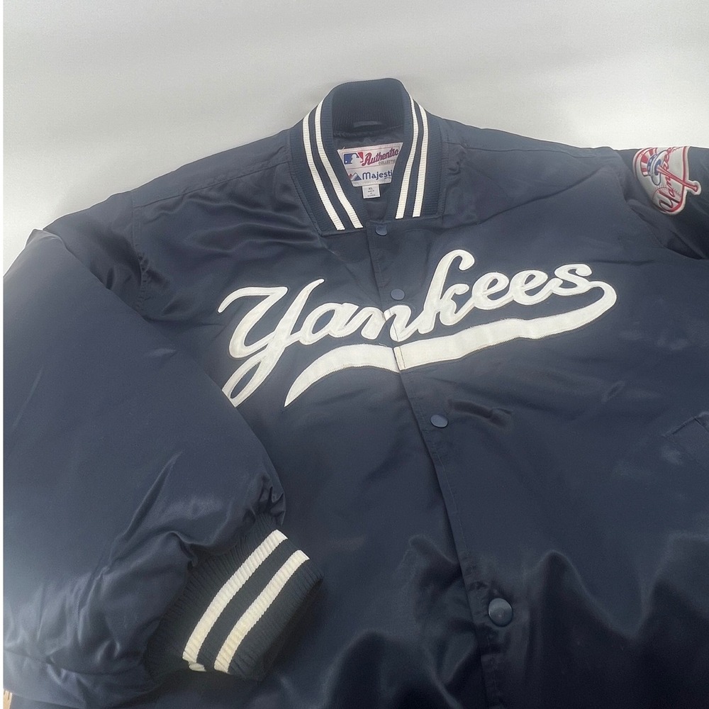 Vintage Majestic New York Yankees Dugout Jacket Navy Blue Satin Snap Front -XL